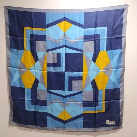 J.D. Dubois Silk Scarf 30x30 – Luxe Geometric Blue & Gold Tie Style Accessory - Picture 4 of 14